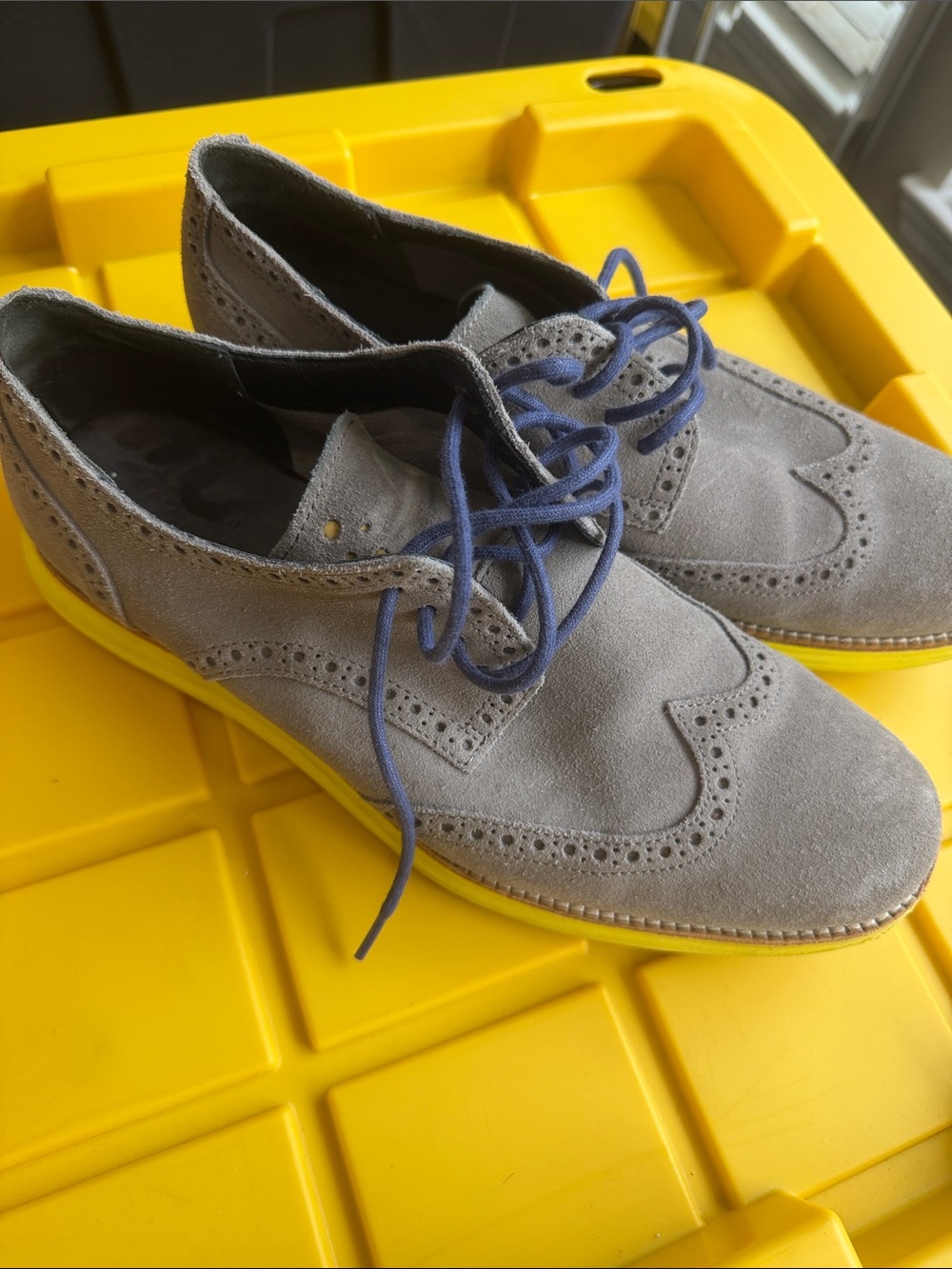 Cole Haan Gray Suede Wingtip Oxfords with Blue Laces